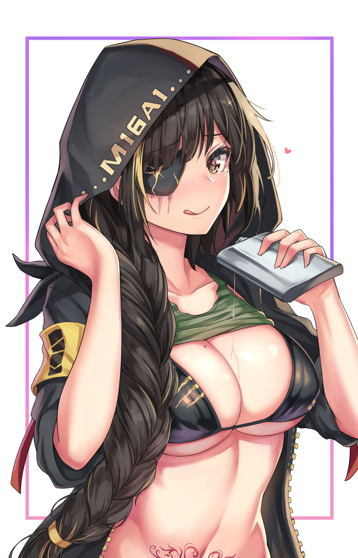 adapted_costume alcohol armband bangs bikini black_bikini black_hair blonde_hair blush braid breasts cenangam character_name commentary eyepatch floating_heart girls_frontline hand_up holding_flask hood hood_up hooded_jacket jacket large_breasts licking_lips long_hair looking_at_viewer m16a1_(girls_frontline) mole mole_on_breast mole_under_eye multicolored_hair navel outside_border pouring scar scar_across_eye scarf single_braid smile stomach streaked_hair swimsuit tank_top_lift tattoo toned tongue tongue_out unzipped upper_body