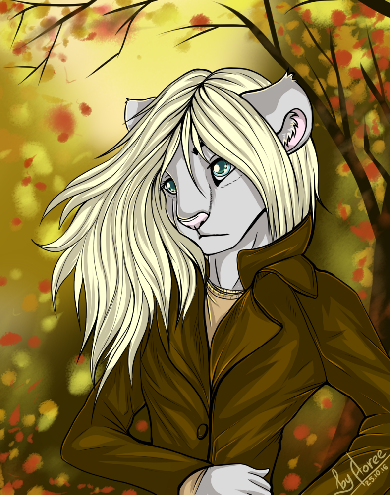 2016 anthro aoree aoree_(aoree) autumn blonde_hair blue_eyes brown_clothing clothed clothing coat digital_media_(artwork) feline female fully_clothed fur grey_fur hair inner_ear_fluff leaves lion long_hair mammal outside solo standing straight_hair tree