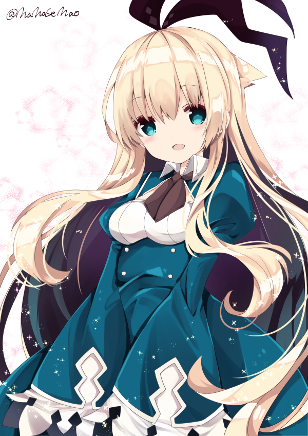 :d alice_(grimms_notes) bangs black_ribbon blonde_hair blue_dress blush breasts brown_neckwear collared_dress commentary_request dress eyebrows_visible_through_hair green_eyes grimms_notes hair_between_eyes hair_ribbon head_tilt juliet_sleeves long_hair long_sleeves medium_breasts nanase_nao open_mouth puffy_sleeves ribbon sleeves_past_fingers sleeves_past_wrists smile solo twitter_username upper_body very_long_hair