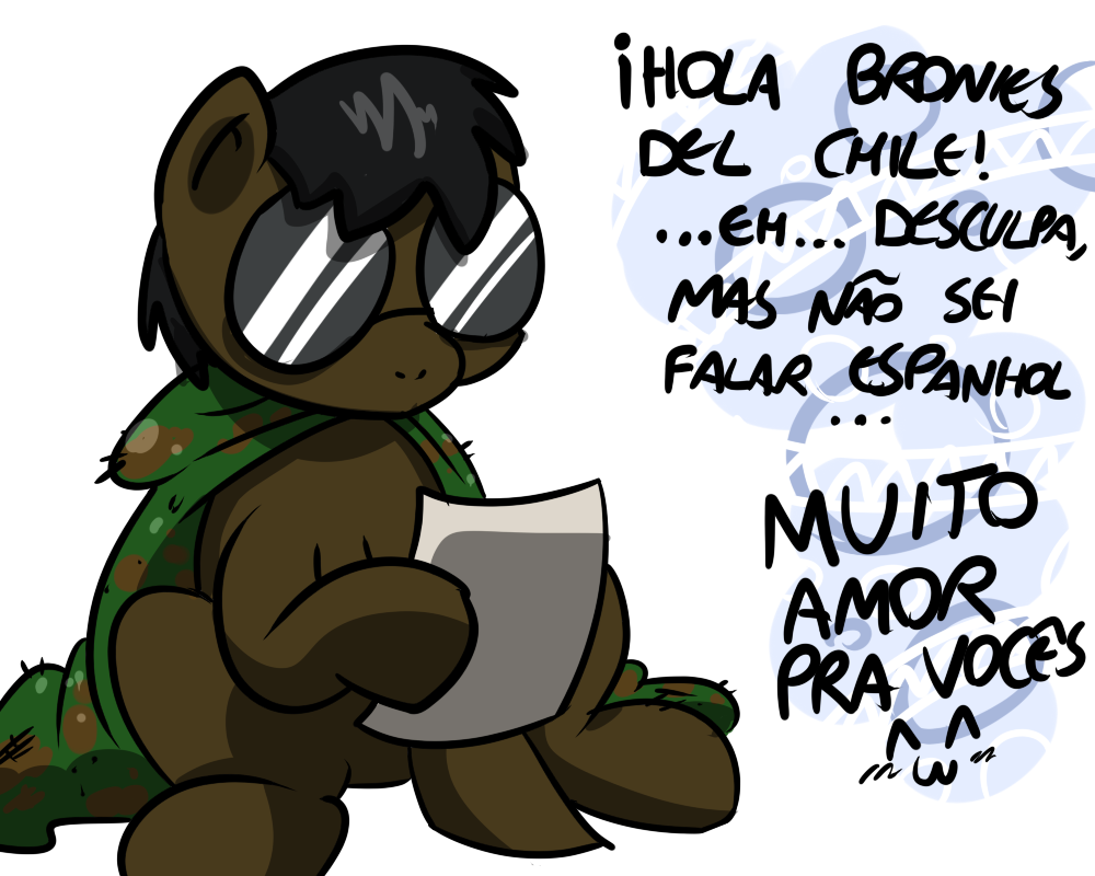 ^w^ ambiguous_gender black_hair cape clothing earth_pony equine eyewear fan_character feral hair holding_object horse mammal my_little_pony paper pokehidden pony ponyhidden portuguese_text simple_background sitting solo spanish_text sunglasses text translated white_background