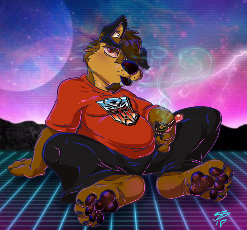 80's_theme anthro autobot canine clothed clothing digital_media_(artwork) drugs feet looking_at_viewer male mammal marijuana paws pipe sean_blackthorne slightly_chubby smoke smoking transformers