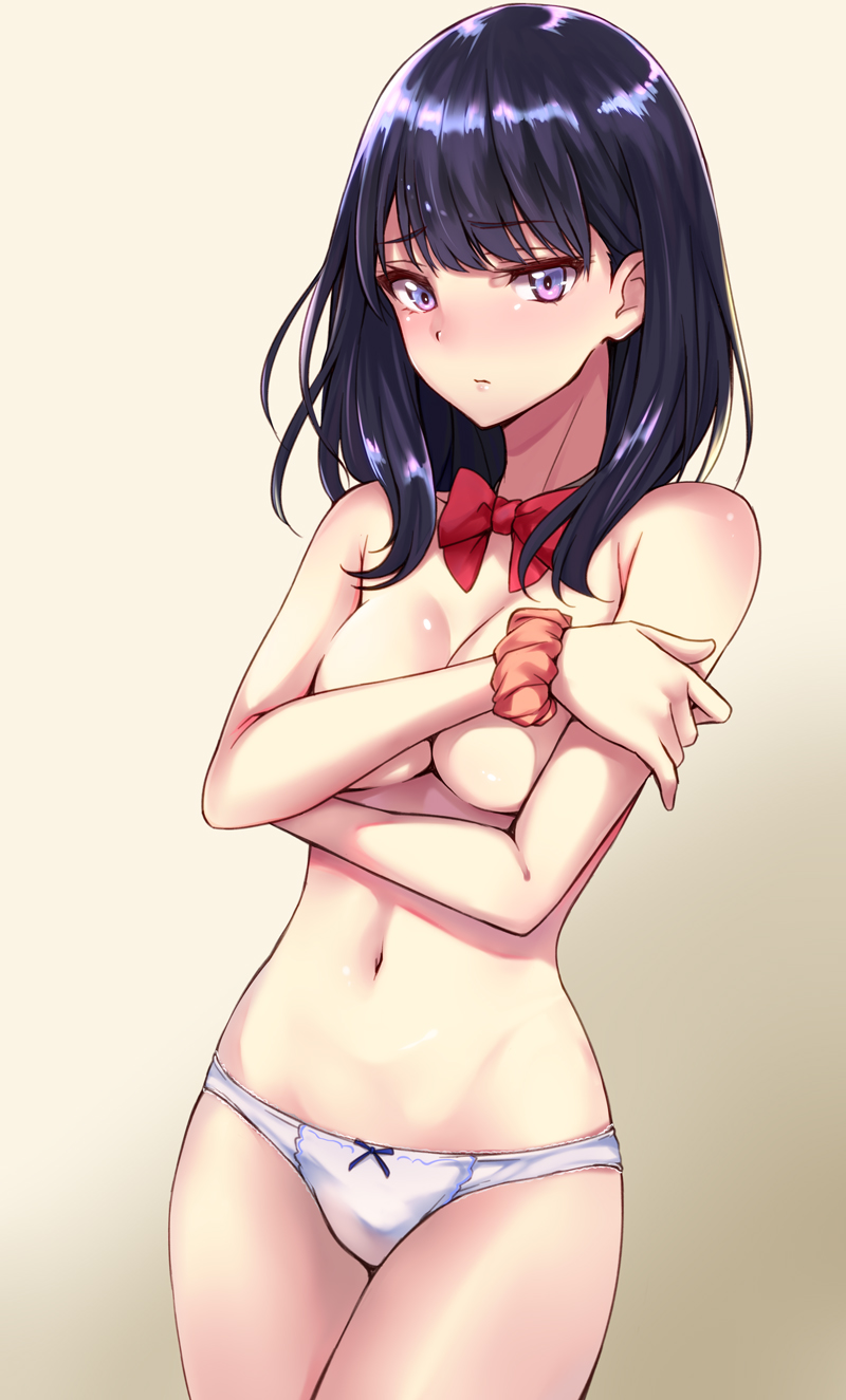 bangs black_hair blue_eyes blush bow bow_panties bowtie breasts closed_mouth commentary_request covering covering_breasts crossed_arms gradient gradient_background highres hips long_hair long_sleeves looking_at_viewer navel panties red_neckwear scrunchie shiny shiny_hair simon_(n.s_craft) small_breasts solo ssss.gridman swept_bangs takarada_rikka thighs topless underwear white_panties wrist_scrunchie