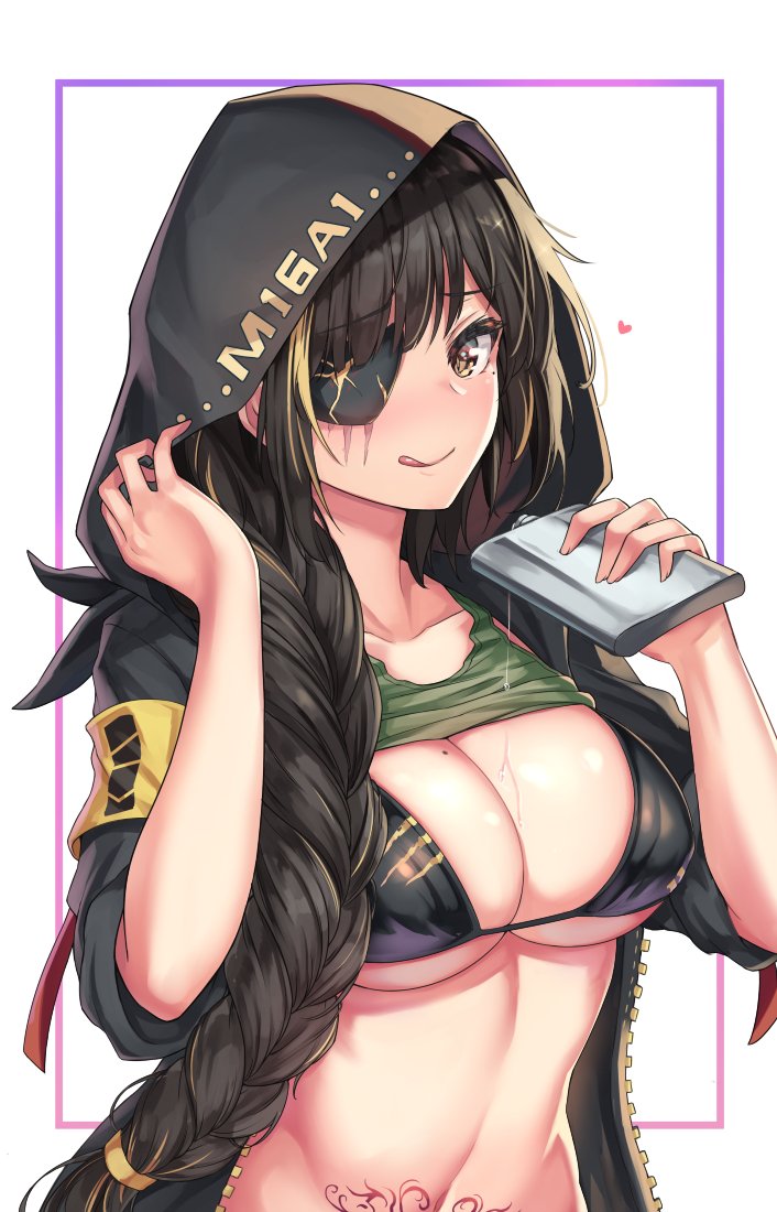 alcohol armband bangs bikini black_bikini black_hair blonde_hair blush braid breasts cenangam character_name commentary_request eyepatch floating_heart girls_frontline hand_up holding_flask hood hood_up hooded_jacket jacket large_breasts licking_lips long_hair looking_at_viewer m16a1_(girls_frontline) mole mole_on_breast mole_under_eye multicolored_hair navel outside_border pouring scar scar_across_eye scarf single_braid smile stomach streaked_hair swimsuit tank_top_lift tattoo toned tongue tongue_out unzipped upper_body