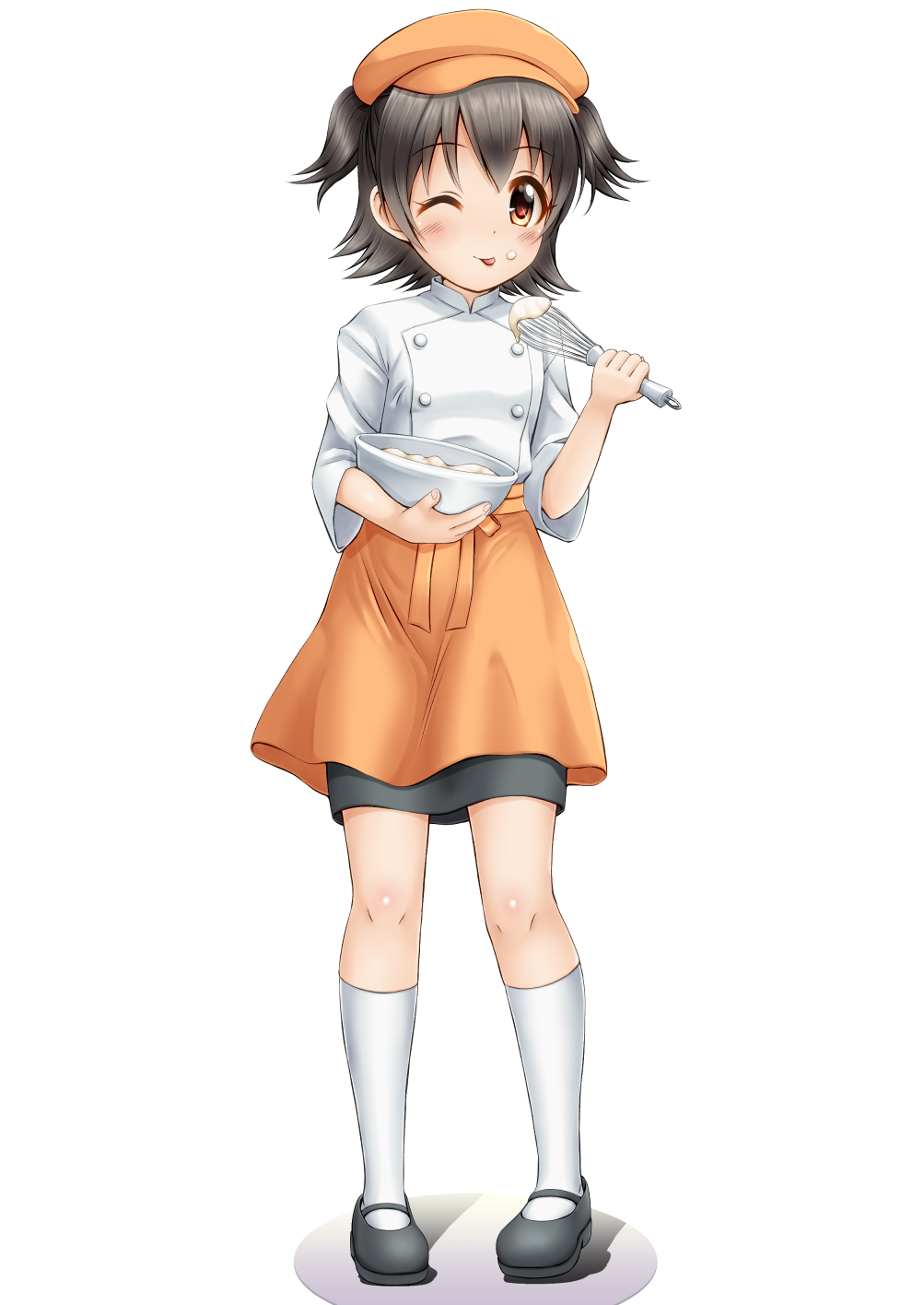 ;p akagi_miria apron bangs black_footwear black_hair black_skirt blush bowl brown_apron brown_eyes brown_hat cabbie_hat chef_uniform cinderella_girls_gekijou closed_mouth cream cream_on_face eyebrows_visible_through_hair fingernails food food_on_face full_body hair_between_eyes hat highres holding holding_bowl holding_whisk idolmaster idolmaster_cinderella_girls kneehighs long_sleeves mary_janes mixing_bowl one_eye_closed regular_mow shadow shirt shoes skirt smile solo standing tongue tongue_out two_side_up waist_apron whisk white_background white_legwear white_shirt