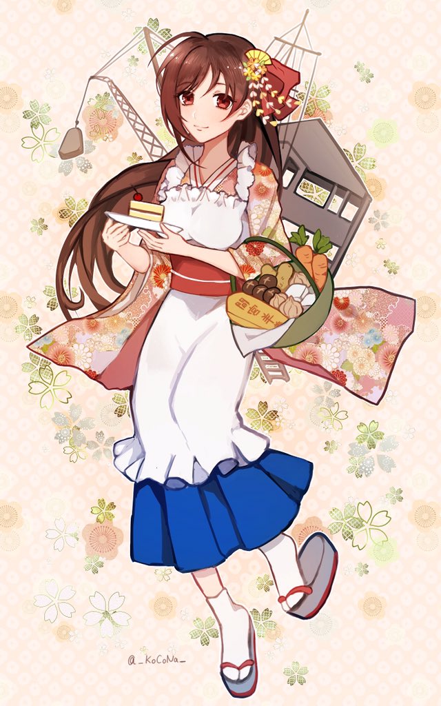 alternate_costume apron brown_hair cake carrot commentary_request floral_background floral_print food frilled_apron frills full_body geta hair_ornament hair_ribbon hairclip japanese_clothes kantai_collection kimono kocona long_hair machinery mamiya_(kantai_collection) mushroom onion ponytail pot potato print_kimono red_eyes ribbon sandals socks solo tabi white_apron white_legwear