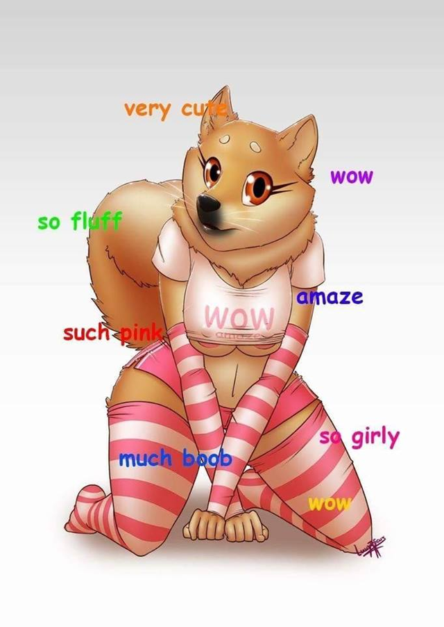 areola armwear breasts canine clothing dog doge eyelashes female fluffy fluffy_tail green_eyes kneeling legwear mammal meme nipples shiba_inu source_request stockings striped_legwear striped_stockings stripes under_boob unknown_artist