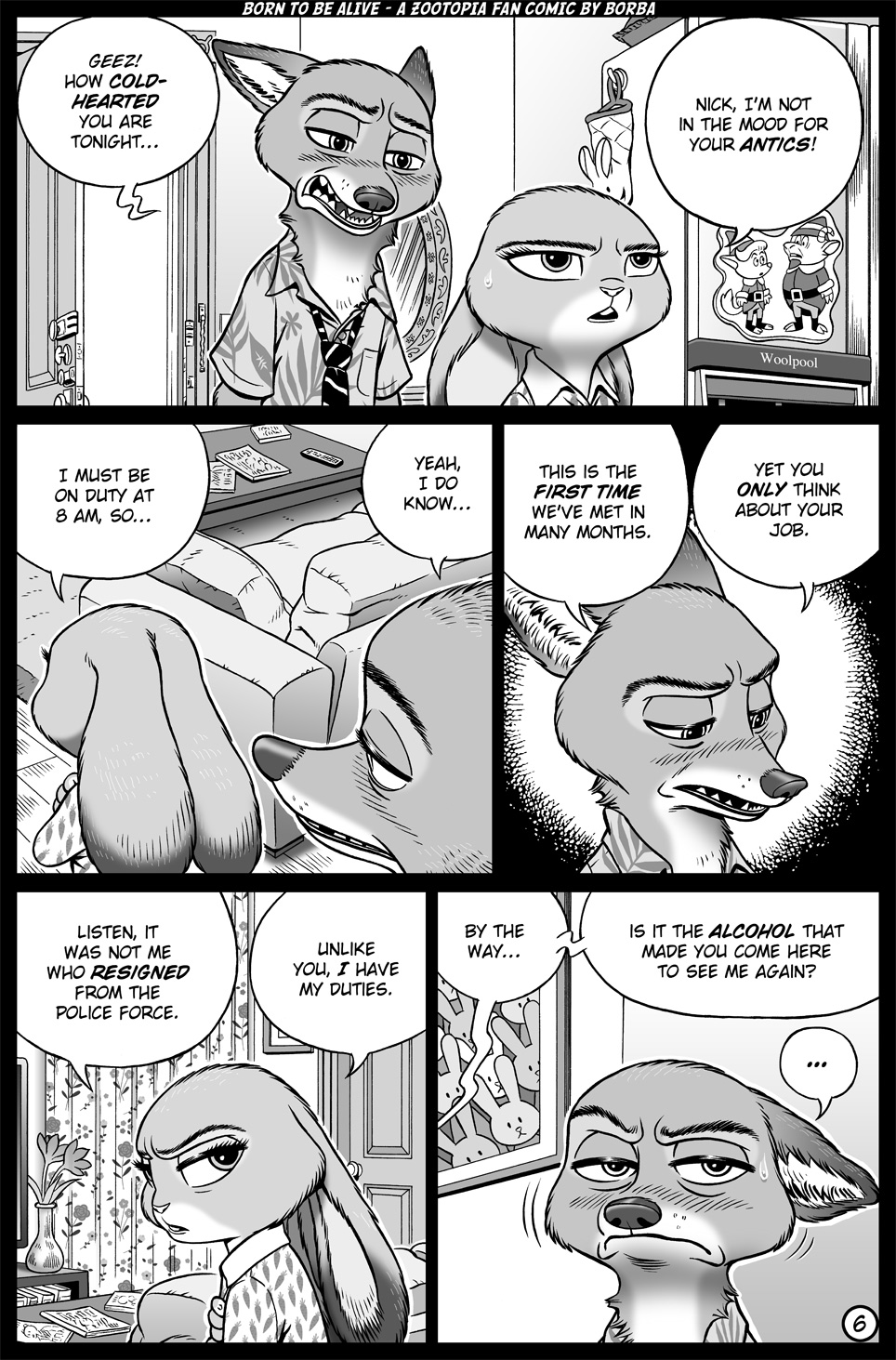 2018 anthro black_and_white borba canine clothed clothing comic disney duo female fox furniture gloves_(marking) judy_hopps lagomorph locks male mammal markings monochrome necktie nick_wilde pajamas rabbit speech_bubble sweat text zootopia