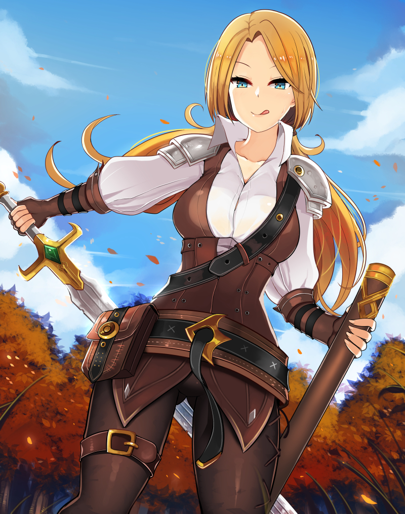 1girl bag belt blonde_hair blue_eyes breasts bug butterfly fingerless_gloves gloves insect large_breasts long_hair long_sleeves low_twintails onigensou original pants scabbard sheath solo sword thigh_strap tongue tongue_out twintails weapon
