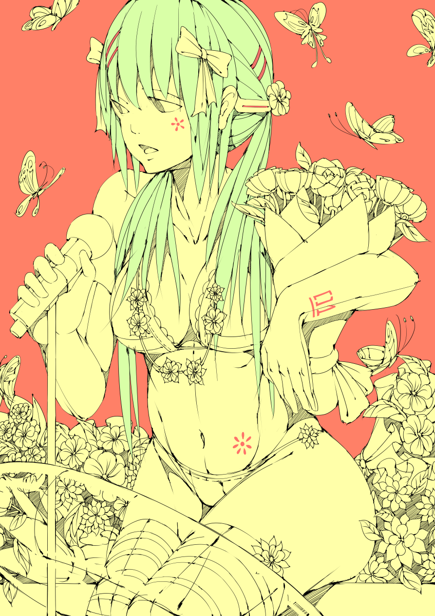 antennae bikini bikini_top bouquet bow breasts bug butterfly collarbone commentary_request facial_tattoo flower flower_necklace gloves green_hair hair_bow hair_ornament hair_ribbon hairclip hatsune_miku highres holding holding_microphone hsumiaochan insect jewelry leaf lifebuoy long_hair medium_breasts microphone microphone_stand navel necklace open_eyes open_mouth petals red_background ribbon sitting solo stomach stomach_tattoo swimsuit tattoo thick_thighs thighhighs thighs twintails vocaloid yellow yellow_butterfly