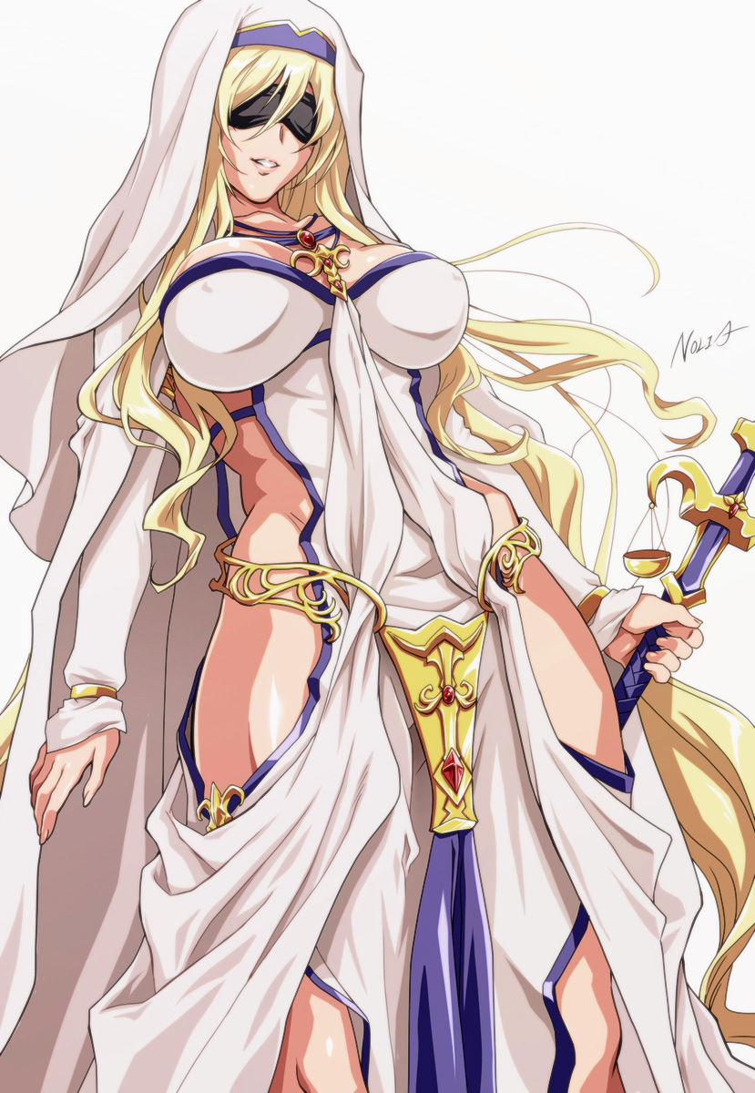 1girl bangs blindfold blonde_hair blush breasts commentary_request dress erect_nipples goblin_slayer! habit highres hip_vent jewelry large_breasts long_hair looking_at_viewer necklace nolia parted_lips shiny shiny_hair shiny_skin simple_background smile solo staff standing sword_maiden teeth very_long_hair white_background white_dress