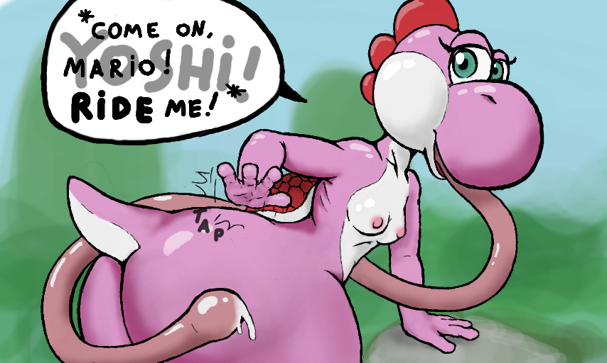 breasts butt dialogue english_text female long_tongue mario_bros nintendo nipples nsfy_(artist) pink_skin pink_yoshi presenting presenting_hindquarters reptile scalie smooth_skin solo speech_bubble text tongue tongue_out video_games yoshi