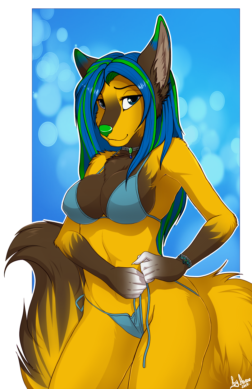 2017 5_fingers anthro aoree bikini blue_bra blue_eyes blue_hair blue_panties bracelet brown_fur canine chest_tuft clothed clothing digital_media_(artwork) female fluffy fluffy_tail fox fur green_hair green_nose hair inner_ear_fluff jewelry long_hair long_tail looking_at_viewer mammal multicolored_fur multicolored_hair multicolored_tail necklace orange_fur smile solo standing straight_hair string_bikini swimsuit tuft two_tone_fur two_tone_hair two_tone_tail white_fur