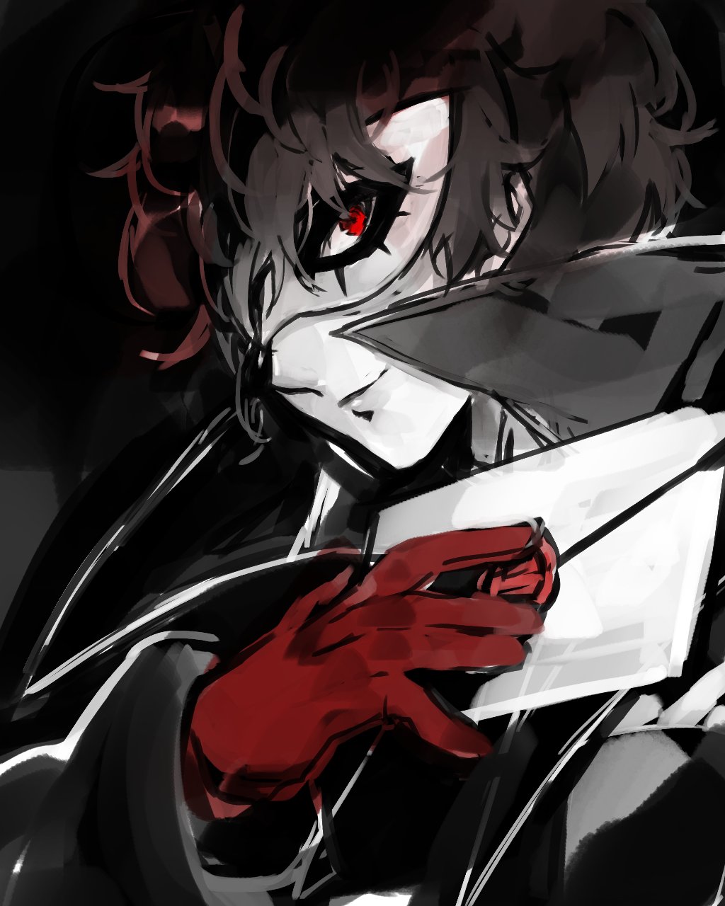 1boy amamiya_ren black_background closed_mouth domino_mask envelope gloves highres looking_at_viewer lor_(roasyerizyonirapi) male_focus mask nintendo persona persona_5 red_eyes red_gloves simple_background smash_ball smile solo super_smash_bros. super_smash_bros._ultimate upper_body wax_seal