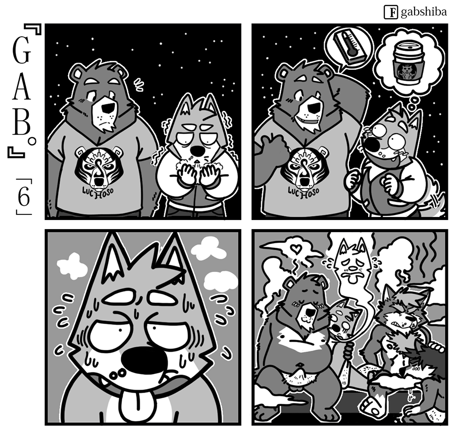 &lt;3 3_toes 5_fingers abs anthro bear beard beverage blush breath canine cheek_tuft clenched_teeth clothed clothing coffee comic convenient_censorship cute_fangs dialogue dog eyebrows facial_hair fellatio fur gab_shiba gabshiba greyscale group hair head_grab hug jacket kneeling looking_aside looking_at_another male male/male mammal monochrome naked_towel navel night nipples open_mouth open_smile oral pictographics sauna sex shaking shiba_inu shirt shivering short_hair sky slightly_chubby smile speech_bubble standing star starry_sky steam sweat t-shirt teeth text toes topless towel tuft unconscious