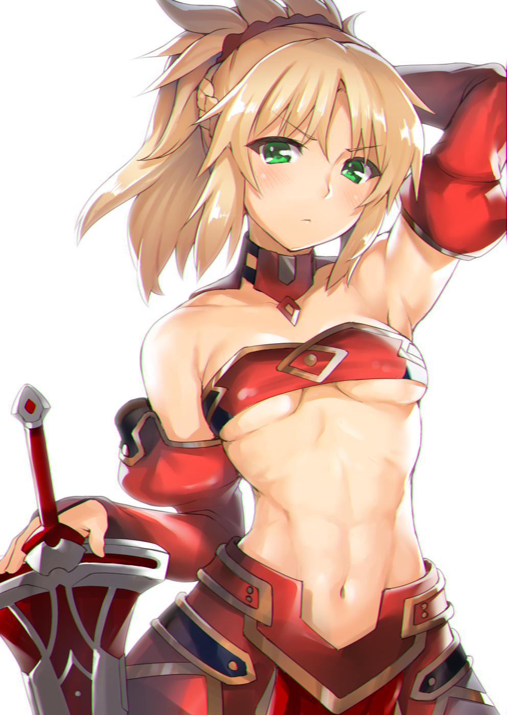 abs armpits bandeau bare_shoulders blonde_hair breasts clarent fate/apocrypha fate_(series) gloves green_eyes highres long_hair looking_at_viewer midriff mordred_(fate) mordred_(fate)_(all) navel planted_sword planted_weapon ponytail red_gloves shiba_nanasei shiny shiny_hair simple_background small_breasts solo sword toned underboob weapon white_background