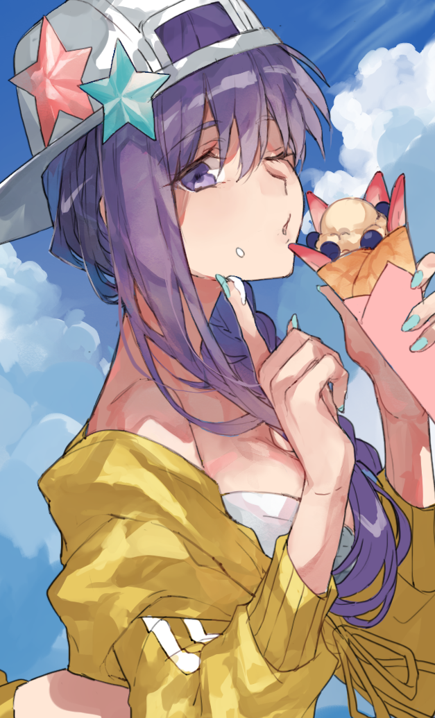 bb_(fate)_(all) bb_(swimsuit_mooncancer)_(fate) bikini blue_nails blue_sky braid breasts cleavage cloud cream cream_on_face crepe day eyes fate/grand_order fate_(series) food food_on_face hair_between_eyes hair_over_shoulder hat holding holding_food long_hair looking_at_viewer medium_breasts nail_polish off_shoulder open_mouth outdoors purple_eyes purple_hair ribbon single_braid sketch sky solo star_hat_ornament strapless strapless_bikini sweater swimsuit waltz_(tram) white_bikini yellow_ribbon yellow_sweater