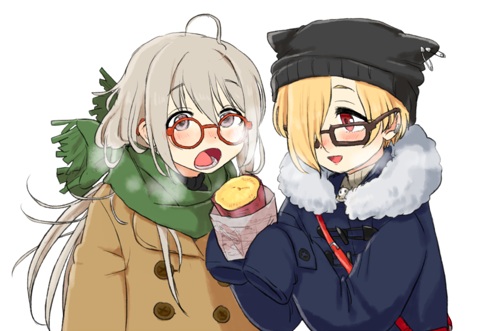 2girls :o a_ichi ahoge bag bangs beanie beige_coat bespectacled blonde_hair blue_coat blush breath buttons coat eating food fur-trimmed_hood fur_trim glasses green_scarf grey_hair hair_over_one_eye handbag hat holding holding_food hood hood_down hooded_coat hoshi_shouko idolmaster idolmaster_cinderella_girls lower_teeth multiple_girls nose_blush open_mouth red-framed_eyewear red_eyes red_handbag round_eyewear scarf shirasaka_koume simple_background skull_necklace sleeves_past_fingers sleeves_past_wrists sweet_potato very_long_sleeves white_background winter_clothes yakiimo