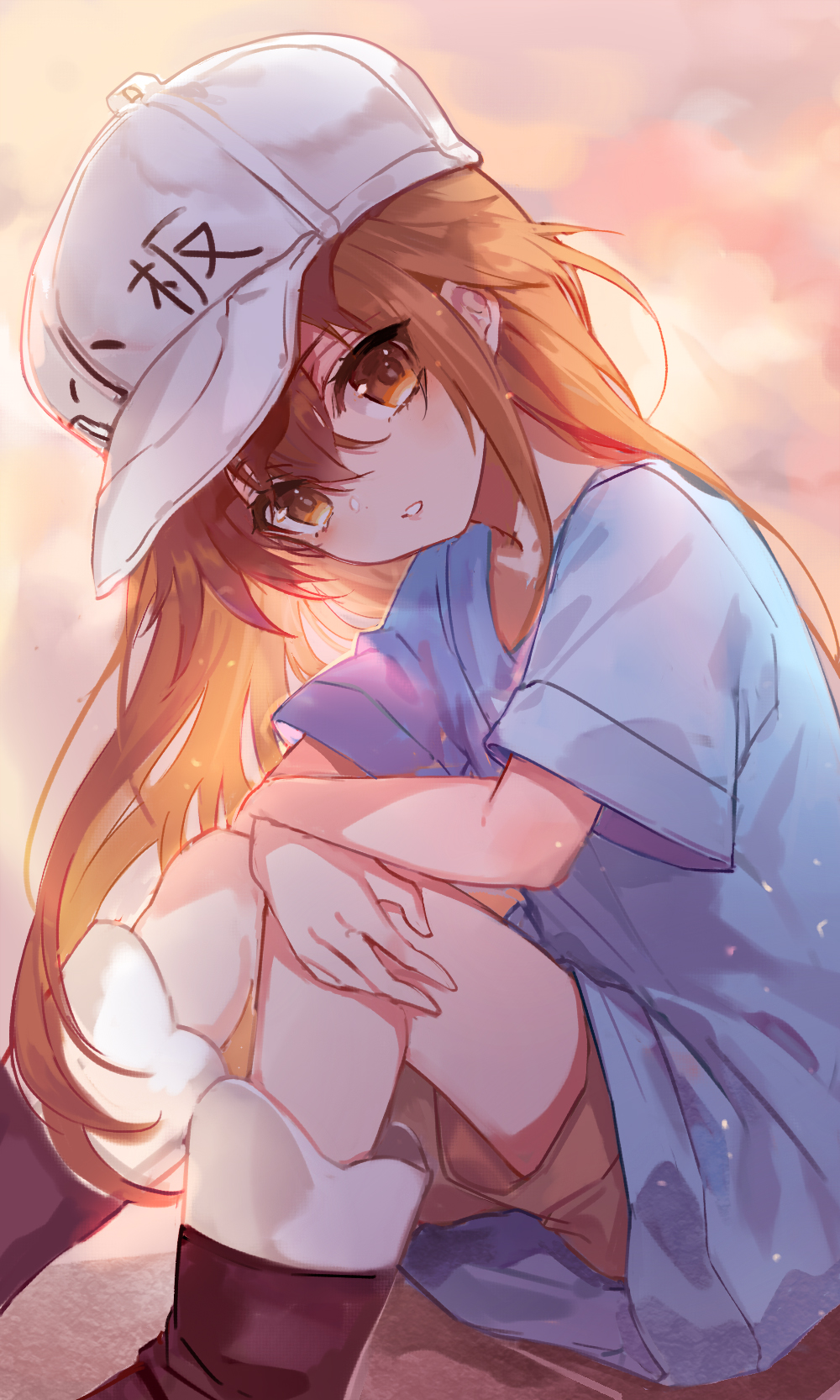 black_footwear blue_shirt boots brown_eyes brown_hair brown_shorts character_name hair_between_eyes hat hataraku_saibou head_tilt highres long_hair looking_at_viewer nevakuma_(fanfanas) parted_lips platelet_(hataraku_saibou) shirt short_shorts short_sleeves shorts sitting solo very_long_hair white_hat