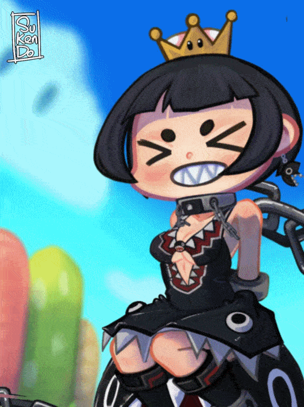 &gt;_&lt; :d ahoge animated animated_gif ankle_cuffs artist_name bangs bare_shoulders barking black_dress black_eyes black_hair black_legwear blunt_bangs blush boots bound bound_wrists breasts chain chain_chomp cleavage cloud collar collarbone commentary covered_navel crown cuffs day dress earrings elbow_gloves english gloves grass handcuffs hill huge_filesize jewelry knee_boots mario_(series) medium_breasts new_super_mario_bros._u_deluxe open_mouth outdoors princess_chain_chomp sharp_teeth short_eyebrows short_hair sitting sky smile solo_focus sukendo super_crown teeth wrist_cuffs