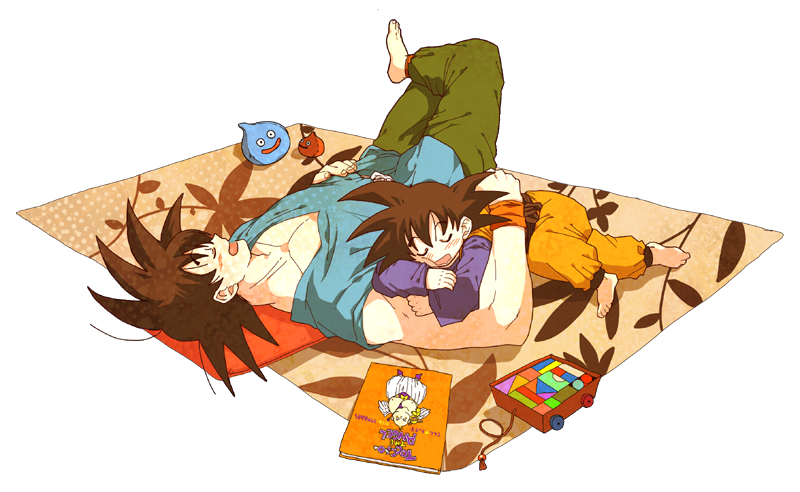 2boys barefoot black_hair blanket blush chest closed_eyes dougi dragon_ball dragon_ball_z drooling eyebrows_visible_through_hair father_and_son fingernails full_body hand_on_own_stomach leg_up long_sleeves lying magazine male_focus multiple_boys open_mouth orange_pillow pillow profile short_hair sleeping sleeping_on_person sleeveless son_gokuu son_goten spiked_hair stuffed_toy toy toy_car transparent_background wristband