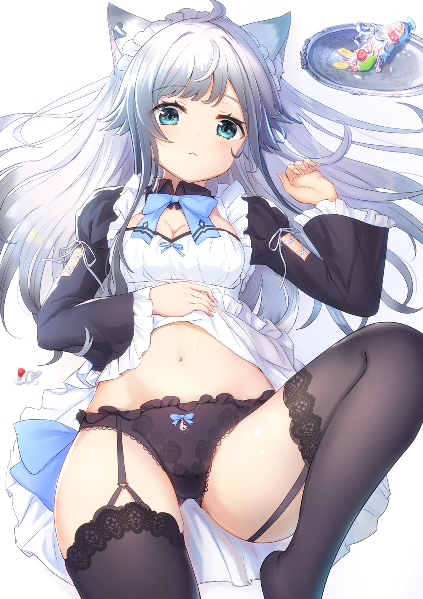 :&lt; ahoge animal_ears ass_visible_through_thighs bangs black_legwear black_panties blue_bow blue_eyes blush bow bow_panties breasts cat_ears cleavage closed_mouth commentary_request cream dress dress_lift eyebrows_visible_through_hair fingernails food frilled_sleeves frills fruit garter_straps hand_up highres juliet_sleeves lace lace-trimmed_thighhighs lifted_by_self long_hair long_sleeves looking_at_viewer lying maid maid_headdress navel omelet_tomato on_back original panties parfait puffy_sleeves silver_hair simple_background small_breasts solo spill strawberry thighhighs tray underwear very_long_hair white_background white_dress wide_sleeves