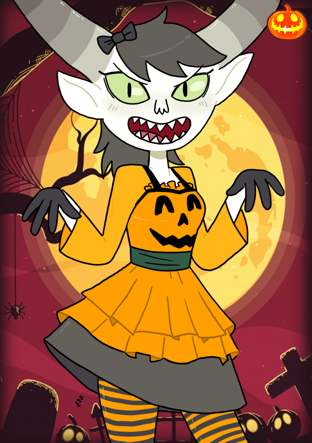 2018 4_fingers adventure_time ambient_spider arachnid arthropod bandit_princess black_gloves black_socks blush cartoon_network clothing cobweb cross dress female fence food fruit gloves gravestone green_sclera grey_hair grey_horns hair hair_bow hair_ribbon halloween holidays horned_humanoid humanoid iron_fence jack-o'-lantern legwear looking_at_viewer magenta_sky moon night_sky not_furry open_mouth orange_dress pink_tongue pointy_ears pose pumpkin ribbons sharp_teeth signature sky slit_pupils smile solo spider spiderweb standing star starry_sky stockings striped_legwear striped_stockings stripes teeth theeyzmaster tongue tree white_skin