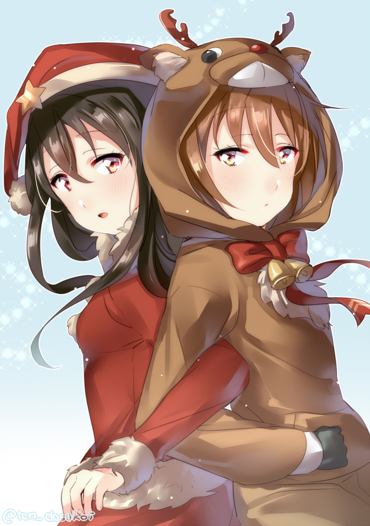 animal_ear_fluff animal_ears animal_hood antlers back-to-back bangs bell black_gloves breasts christmas commentary_request fake_animal_ears fur-trimmed_sleeves fur_collar fur_trim gloves hat hatsushimo_(kantai_collection) hood hood_up juurouta kantai_collection locked_arms long_hair long_sleeves multiple_girls pom_pom_(clothes) raised_eyebrows red_hat reindeer_antlers reindeer_ears reindeer_girl reindeer_hood santa_costume santa_hat sketch_eyebrows small_breasts wakaba_(kantai_collection)
