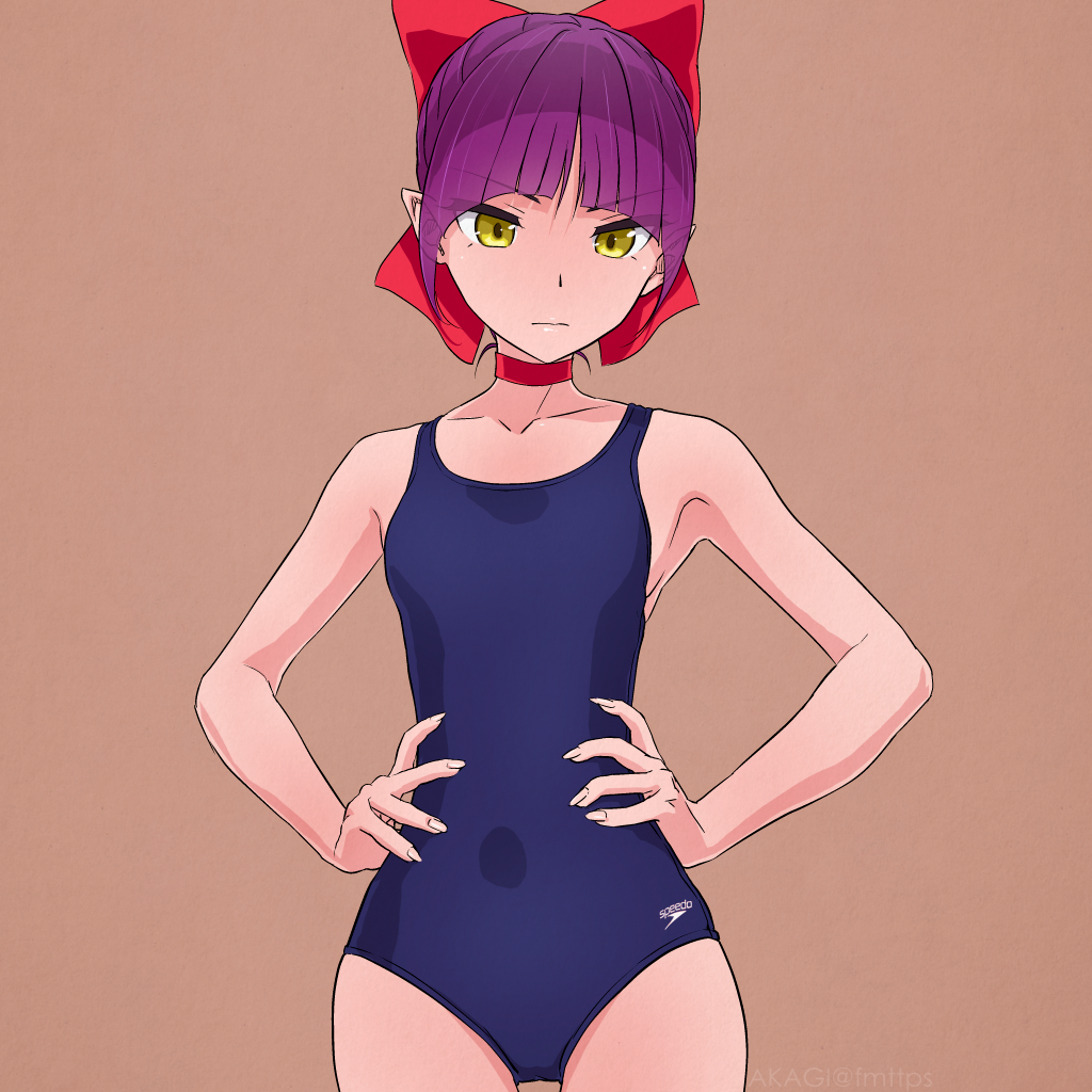 akagi_(fmttps) artist_name bangs blue_swimsuit bow brown_background cat_girl choker collarbone competition_swimsuit cowboy_shot eyebrows_visible_through_hair fingernails gegege_no_kitarou hair_bow hands_on_hips light_frown lips logo looking_at_viewer nekomusume nekomusume_(gegege_no_kitarou_6) one-piece_swimsuit pointy_ears purple_hair red_bow red_choker sharp_fingernails short_sleeves solo speedo_(company) standing swimsuit twitter_username yellow_eyes