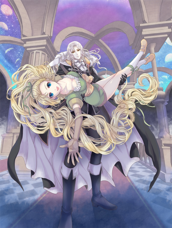 1girl alucard_(castlevania) blonde_hair blue_eyes boots breasts cape carrying castlevania castlevania:_symphony_of_the_night cleavage commentary_request cravat hallway kneehighs long_hair looking_at_viewer maria_renard medium_breasts princess_carry shoes silver_hair smile standing sunasu-tamako very_long_hair white_legwear yellow_eyes