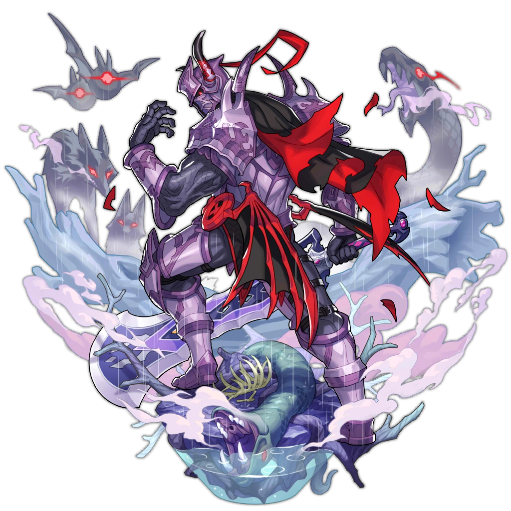 bat_wings berserker_(dragalia_lost) bone cape coral dragalia_lost fog fox from_behind full_armor full_body glowing glowing_eyes holding holding_weapon horns looking_at_viewer looking_back non-web_source official_art ribs snake sword transparent_background water weapon wings