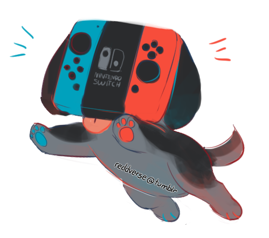 ambiguous_gender animate_inanimate black_fur blue_pawpads button_(disambiguation) canine dog feral fur grey_fur leaping logo mammal multicolored_fur nintendo nintendo_switch pawpads quadruped red_pawpads reddverse simple_background solo switch_dog text tongue tongue_out two_tone_fur video_games watermark white_background