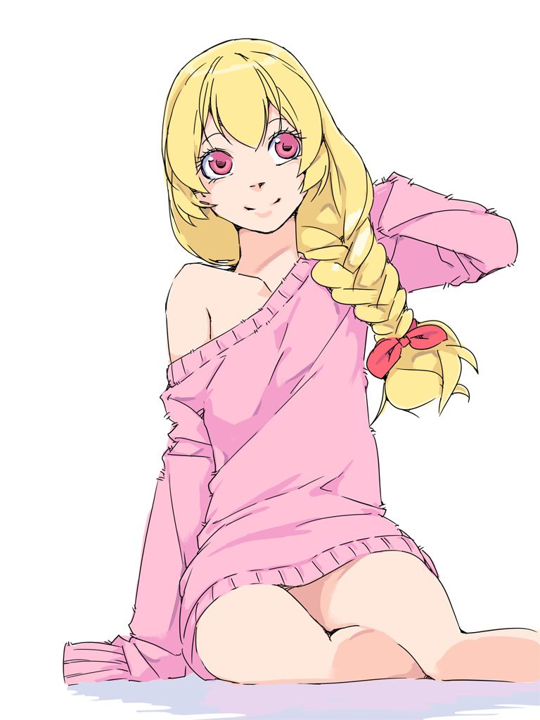 1girl aikatsu! aikatsu!_(series) akinbo_(hyouka_fuyou) blonde_hair bow braid braided_ponytail collarbone hair_bow hair_over_shoulder hand_in_hair hoshimiya_ichigo long_hair naked_sweater off_shoulder pink_sweater red_bow red_eyes simple_background single_braid sitting sleeves_past_wrists smile solo sweater white_background