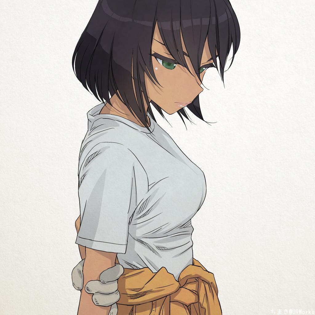 akagi_(fmttps) arm_behind_back arm_grab artist_name bangs brown_hair closed_mouth clothes_around_waist commentary dark_skin from_side girls_und_panzer gloves green_eyes hoshino_(girls_und_panzer) jumpsuit light_frown lips looking_down looking_to_the_side mechanic orange_jumpsuit shirt short_hair short_sleeves solo standing t-shirt tied_shirt twitter_username uniform upper_body white_gloves white_shirt