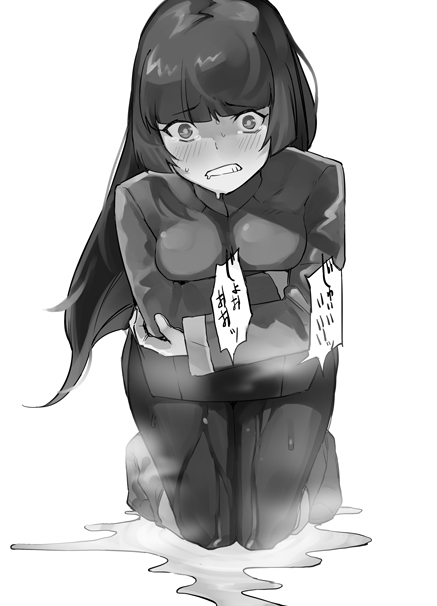1girl bangs blunt_bangs boots breasts clenched_teeth constricted_pupils creatures_(company) crossed_arms drooling embarrassed female full_body game_freak greyscale gym_leader jacket japanese_text knee_boots kneeling knees_together_feet_apart kurutsuki long_hair long_sleeves looking_at_viewer medium_breasts miniskirt monochrome natsume_(pokemon) nintendo pantyhose peeing peeing_self pokemon pokemon_(game) pokemon_frlg puddle shiny shiny_hair side_slit simple_background skirt solo speech_bubble steam sweat teeth translation_request wet wet_clothes white_background
