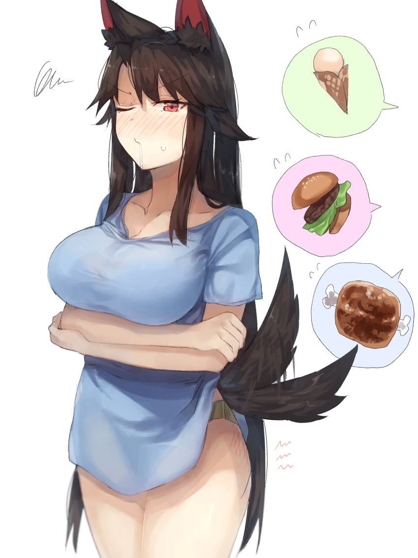 alternate_costume animal_ear_fluff animal_ears arms_under_breasts bangs blue_shirt blush boned_meat breasts brown_hair cleavage collarbone commentary_request contemporary cowboy_shot crossed_arms drooling eyebrows_visible_through_hair food green_panties hair_between_eyes hamburger ice_cream imaizumi_kagerou kasuka_(kusuki) large_breasts long_hair looking_at_viewer meat no_pants nose_blush one_eye_closed panties red_eyes shirt short_sleeves simple_background solo spoken_food squiggle standing sweat tail tail_wagging thighs touhou underwear very_long_hair white_background wolf_ears wolf_tail