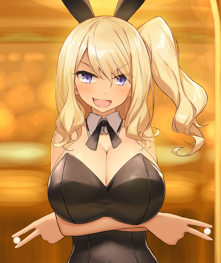 :d animal_ears bangs bare_shoulders between_fingers black_leotard blonde_hair blurry blurry_background blush breasts bunny_ears bunnysuit cccpo cleavage collarbone commentary_request crossed_arms depth_of_field eyebrows_visible_through_hair fang fingernails hair_between_eyes head_tilt holding large_breasts leotard long_hair looking_at_viewer one_side_up open_mouth original purple_eyes sidelocks smile solo strapless strapless_leotard upper_body v-shaped_eyebrows white_collar wing_collar