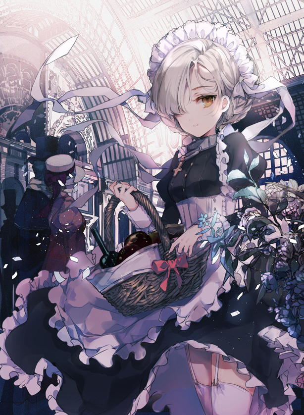 2girls apple apron azur_lane backlighting basket black_dress black_hat blonde_hair bottle bow braid breasts building cierra_(ra-bit) closed_mouth collar commentary_request corset cowboy_shot cross dress fedora flower food frilled_apron frilled_dress frills fruit garter_straps hat hat_bow holding holding_basket juliet_sleeves long_sleeves looking_at_viewer maid maid_headdress multiple_boys multiple_girls orange_eyes puffy_sleeves red_bow sheffield_(azur_lane) short_hair silhouette sleeve_cuffs small_breasts smile solo_focus thighhighs tied_hair top_hat waist_apron white_apron white_hat white_legwear wine_bottle