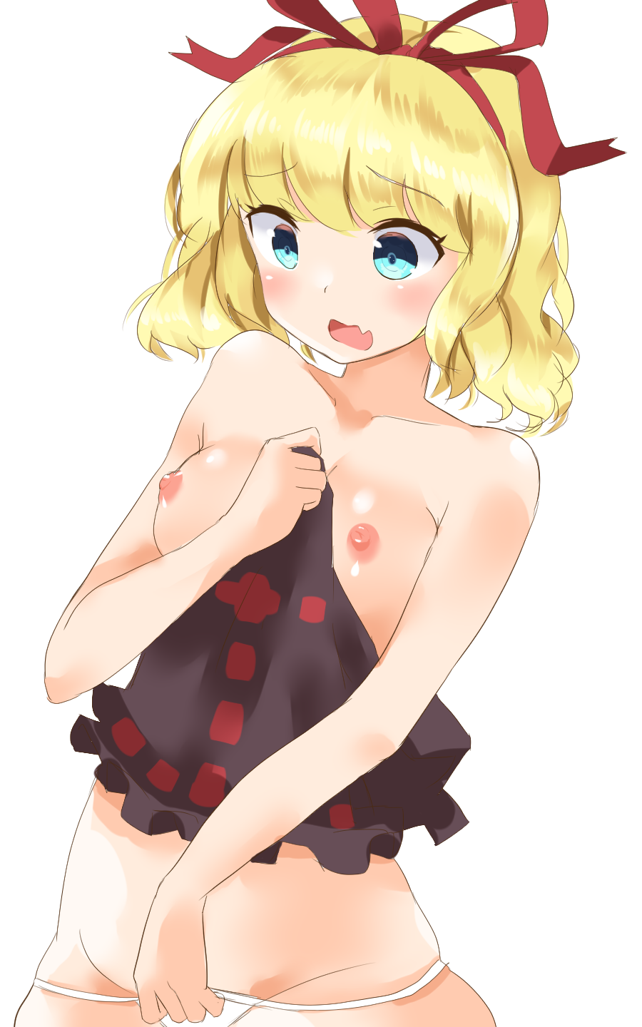 :d blonde_hair blue_eyes blush breasts collarbone commentary_request eyebrows_visible_through_hair fang fujiko_(emnprmn) highres holding holding_panties holding_shirt huge_bow medicine_melancholy medium_breasts nervous nipples nude open_mouth panties red_ribbon ribbon shirt_removed short_hair simple_background smile solo standing touhou underwear white_background white_panties