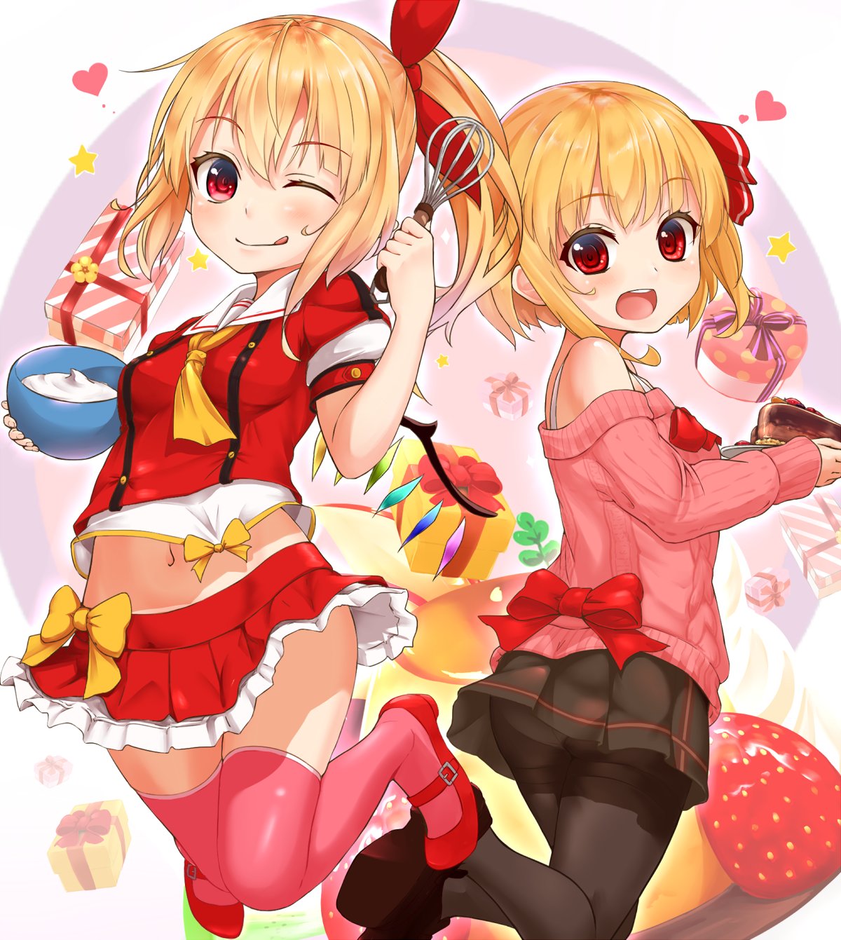 ;p alternate_costume ascot ass bangs bare_shoulders black_footwear black_legwear black_skirt blonde_hair bow bowl box bra breasts buttons cake chocolate_cake commentary_request cream eyebrows_visible_through_hair flandre_scarlet food frilled_skirt frills fruit gift gift_box hair_ribbon hand_up heart highres holding holding_bowl holding_plate jumping long_sleeves looking_at_viewer mary_janes midriff miniskirt multiple_girls navel off-shoulder_sweater one_eye_closed one_side_up panties panties_under_pantyhose pantyhose pink_legwear pink_sweater plate pleated_skirt pudding red_eyes red_footwear red_ribbon red_shirt red_skirt ribbed_sweater ribbon rumia shiron_(e1na1e2lu2ne3ru3) shirt shoes short_sleeves skirt small_breasts smile star strawberry sweater thighhighs tongue tongue_out touhou underwear whisk white_background white_bra wings yellow_bow yellow_neckwear