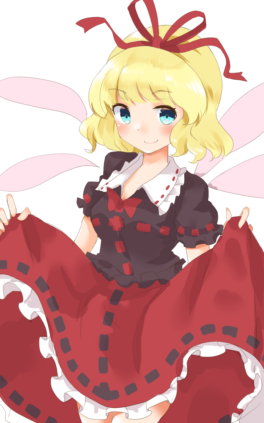 blonde_hair blue_eyes blush breasts bubble_skirt commentary_request frilled_shirt_collar frilled_skirt frills fujiko_(emnprmn) highres huge_bow medicine_melancholy medium_breasts puffy_short_sleeves puffy_sleeves red_ribbon ribbon short_hair short_sleeves simple_background skirt skirt_lift smile solo touhou white_background
