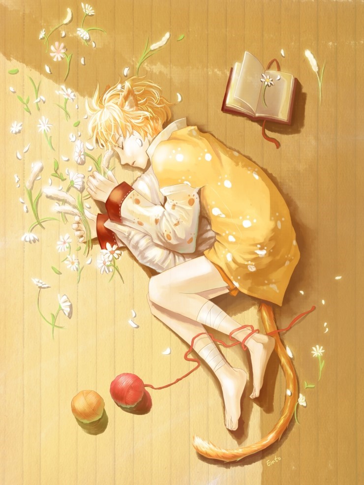 animal_ears artist_name barefoot blonde_hair book cat_ears cat_tail erato flower from_above lying male_focus on_side open_book paw_print_pattern pillow saibai_shounen sleeping solo tail white_flower wooden_floor yarn yarn_ball yellow