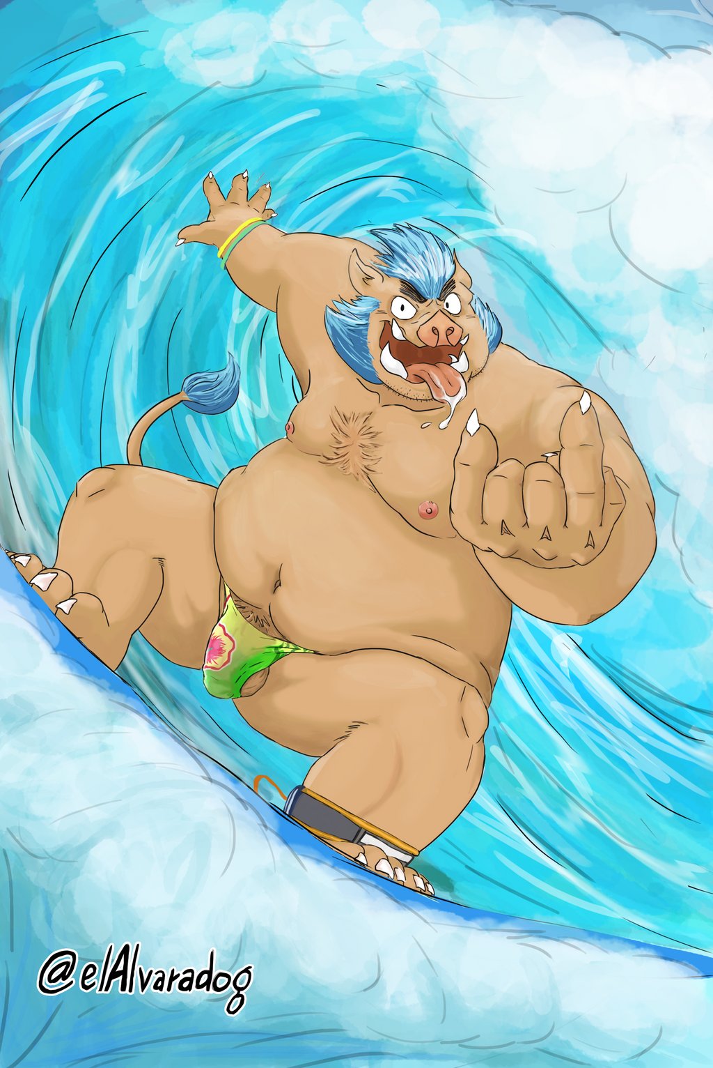 2018 anthro balls belly boar brown_fur bulge clothing elalvaradog fur gouryou humanoid_hands male mammal mohawk moobs navel nipples overweight overweight_male penis porcine solo surfing swimsuit tokyo_afterschool_summoners tusks water