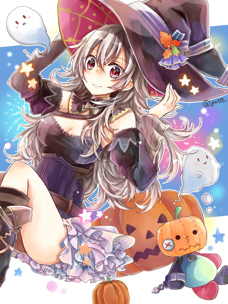 belt breasts cleavage closed_mouth commentary_request detached_sleeves female_my_unit_(fire_emblem_if) fire_emblem fire_emblem_if ghost halloween_costume hands_on_headwear hat jack-o'-lantern long_hair medium_breasts my_unit_(fire_emblem_if) pumpkin red_eyes smile solo twitter_username white_hair witch_hat yuyu_(spika)
