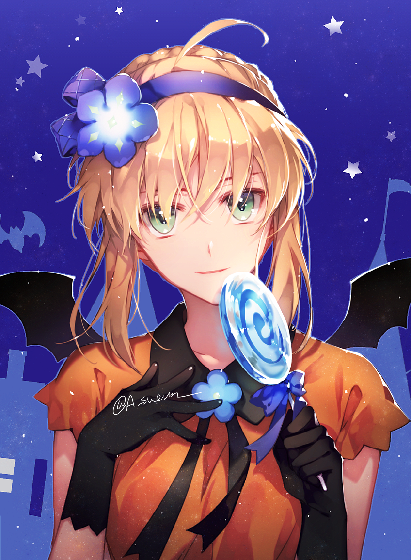 artoria_pendragon_(all) black_gloves black_wings blue_background blue_flower braid breasts candy closed_mouth collarbone collared_shirt fate/stay_night fate_(series) flower food gloves h_sueun hair_flower hair_ornament hairband halloween hands_up head_tilt holding holding_food holding_lollipop light_smile lollipop looking_at_viewer md5_mismatch mini_wings orange_shirt purple_hairband saber shirt short_sleeves sidelocks small_breasts solo star swirl_lollipop twitter_username wings