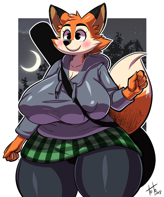 2018 anthro big_breasts blush breasts canine clothed clothing darma dipstick_ears dipstick_tail fabianoferreira female fox mammal multicolored_tail nipple_bulge rock_dog signature smile solo thick_thighs
