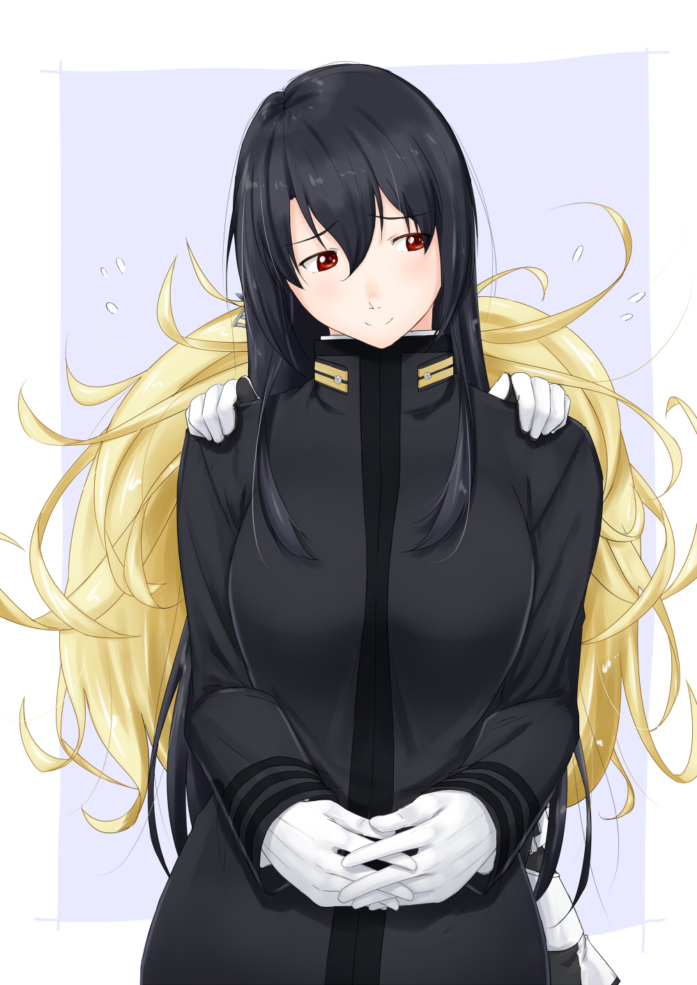 behind_another black_hair blonde_hair brown_eyes commentary_request epaulettes female_admiral_(kantai_collection) flying_sweatdrops gambier_bay_(kantai_collection) gloves hair_between_eyes hair_ornament hands_on_another's_shoulders hidden_face hiding highres jacket kantai_collection long_hair long_sleeves military military_uniform multiple_girls niwatazumi sitting smile tatebayashi_sakurako twintails uniform