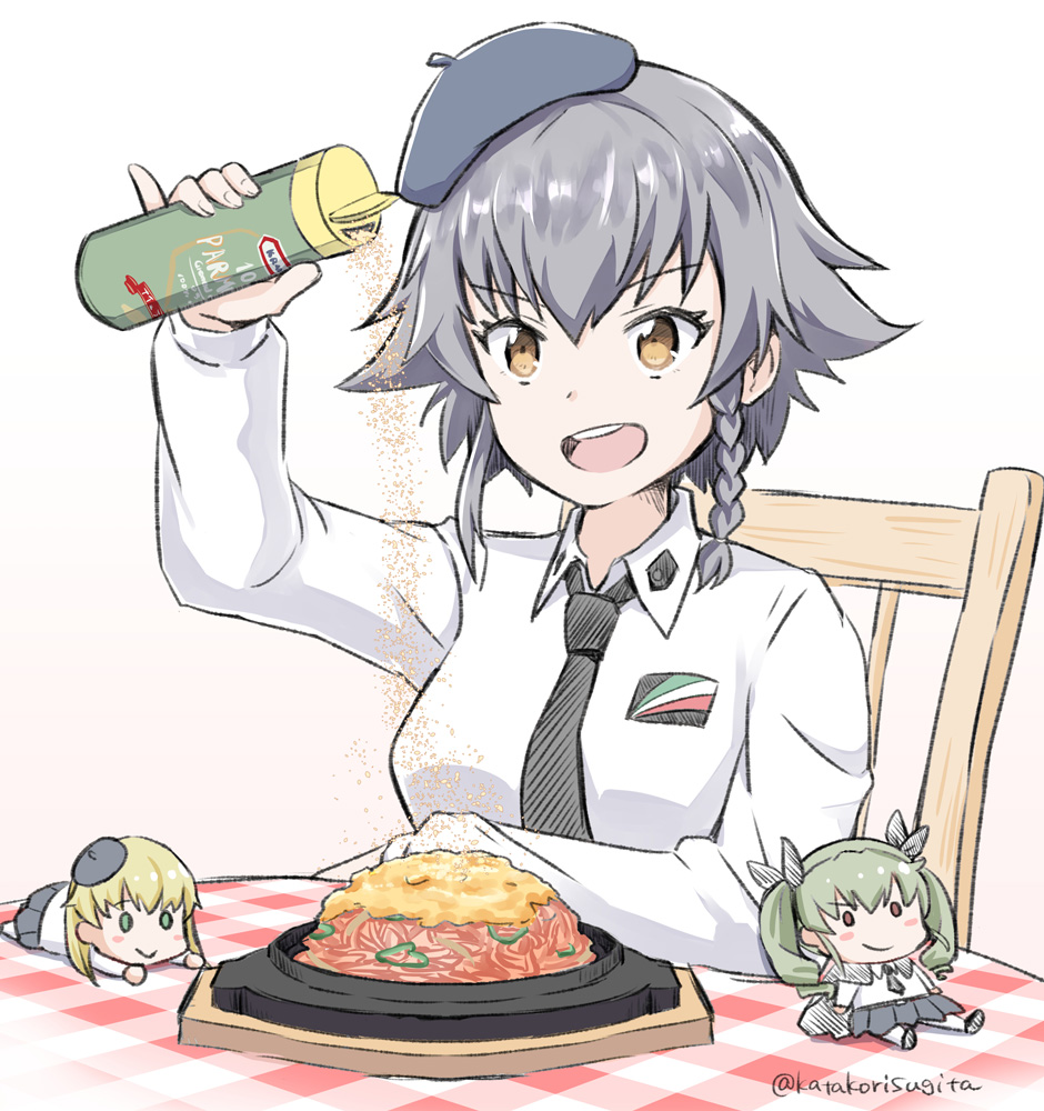 :d anchovy anzio_school_uniform bangs beret black_hair black_hat braid brown_eyes carpaccio character_doll cheese commentary dress_shirt elbow_rest emblem food girls_und_panzer hair_tie hat holding katakori_sugita kraft long_sleeves napolitan open_mouth parmesan_cheese pasta pepperoni_(girls_und_panzer) plaid plate school_uniform shirt short_hair side_braid signature simple_background sitting smile solo table tablecloth twitter_username white_background white_shirt wooden_chair