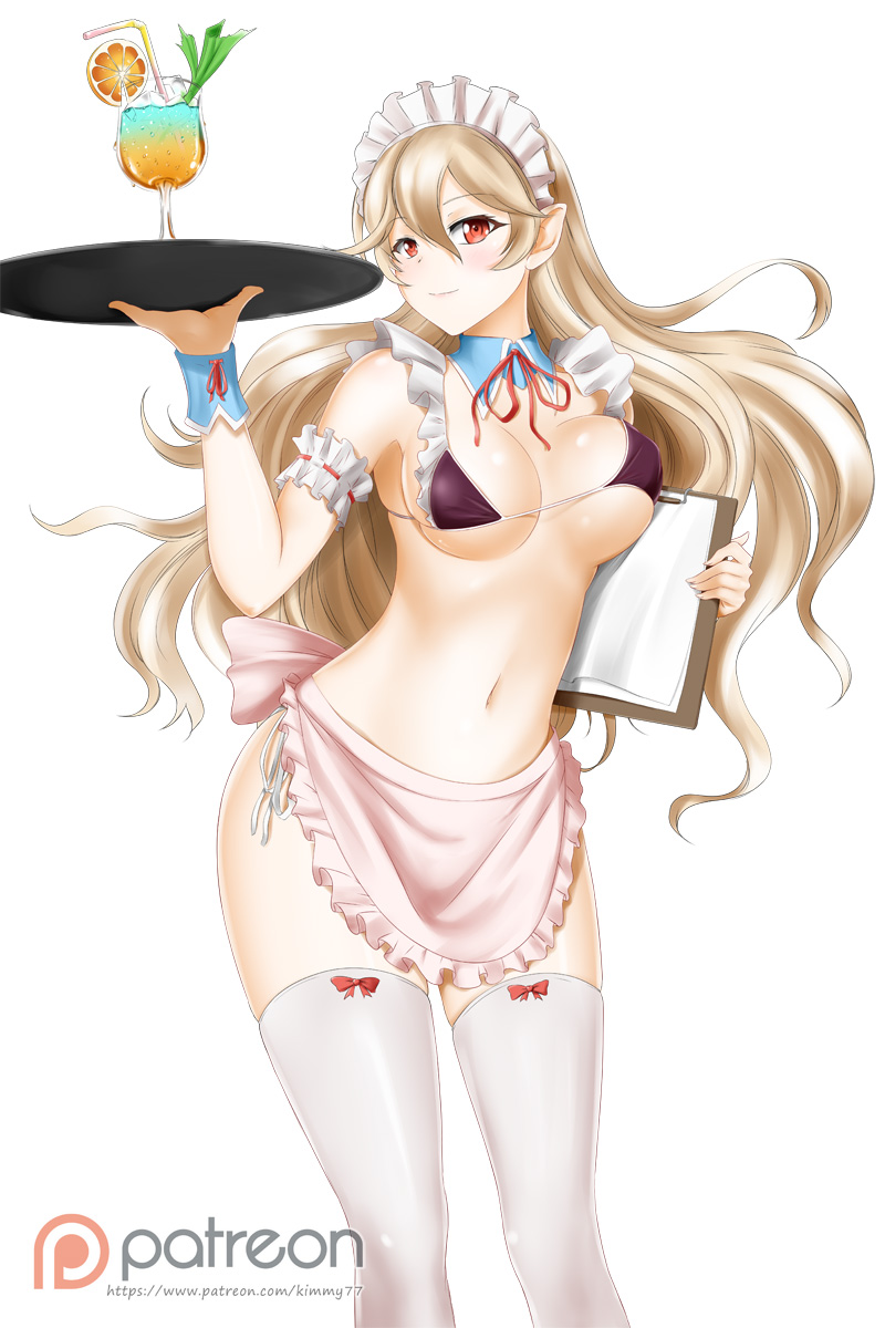 alfred_cullado apron bikini black_bikini blonde_hair bow bow_legwear breasts choker cleavage eyebrows_visible_through_hair female_my_unit_(fire_emblem_if) fire_emblem fire_emblem_if floating_hair frilled_apron frills hair_between_eyes highres holding large_breasts long_hair looking_at_viewer maid maid_headdress my_unit_(fire_emblem_if) navel neck_ribbon patreon_logo pointy_ears red_bow red_eyes red_ribbon ribbon side-tie_bikini sideboob simple_background smile solo standing swimsuit thighhighs underboob undersized_clothes very_long_hair waist_apron watermark white_apron white_background white_legwear wrist_cuffs