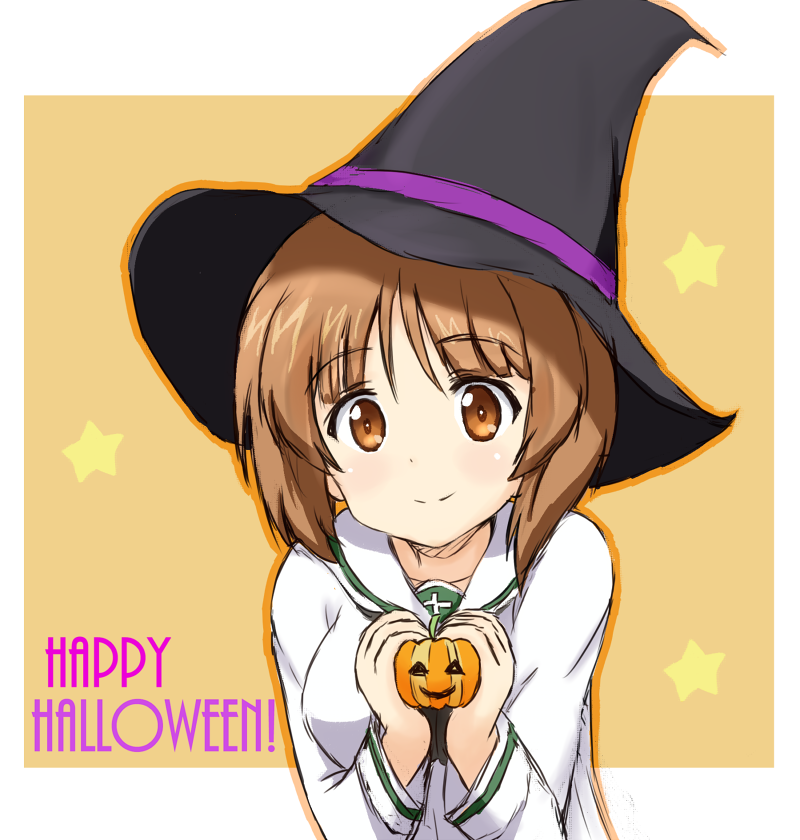 bangs blouse brown_eyes brown_hair closed_mouth commentary english eyebrows_visible_through_hair girls_und_panzer halloween hat holding jack-o'-lantern long_sleeves looking_at_viewer ma-2_(konkon_kitakitsune) nishizumi_miho ooarai_school_uniform orange_background outline outside_border school_uniform serafuku short_hair smile solo standing star starry_background upper_body white_blouse white_outline witch_hat