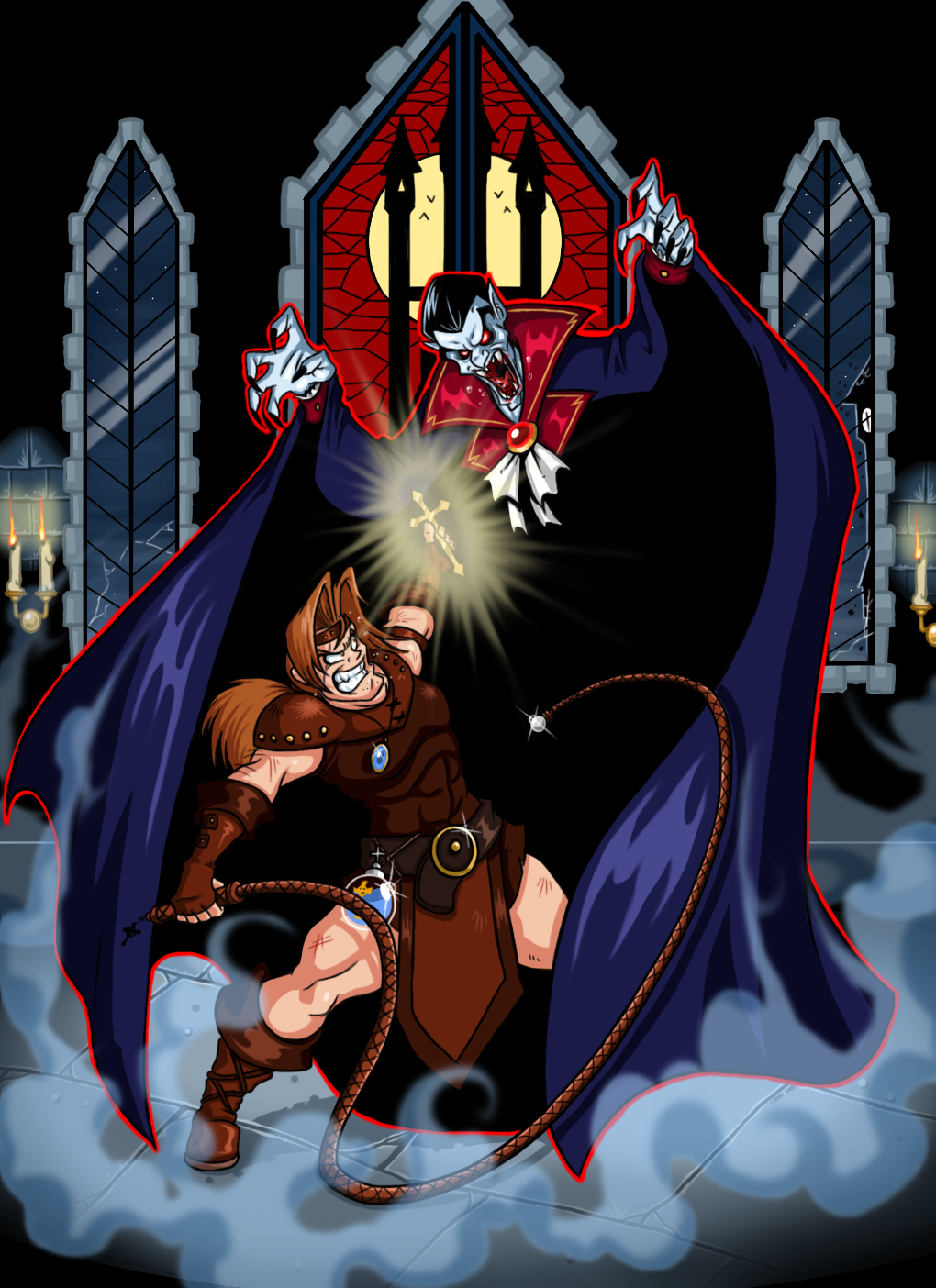 abs bottle castlevania cross dracula duo full_moon hi_res holding_cross holding_object holding_weapon holy_water human humanoid jewelry konami lordstevie male mammal melee_weapon moon muscular necklace night not_furry pointed_cross simon_belmont teeth vampire vampire_killer video_games weapon whip